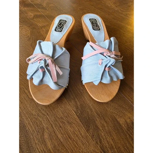 Salpy the kate wood sandals Clogs Wooden Light Blue Pink Bows Studded Size 6 - Picture 3 of 11